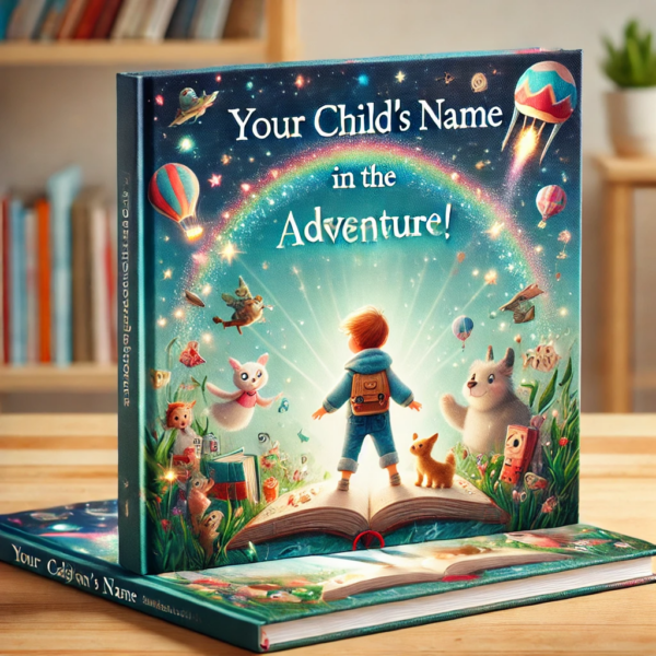 A personalized children's hardcover book with a colorful, whimsical cover illustration of a young child exploring a magical world filled with friendly animals, floating books, and glowing stars. The title reads 'Your Child's Name in the Adventure!' with a customizable name section. The book is placed on a wooden table with soft lighting, and a bookshelf with more children's books is visible in the background.