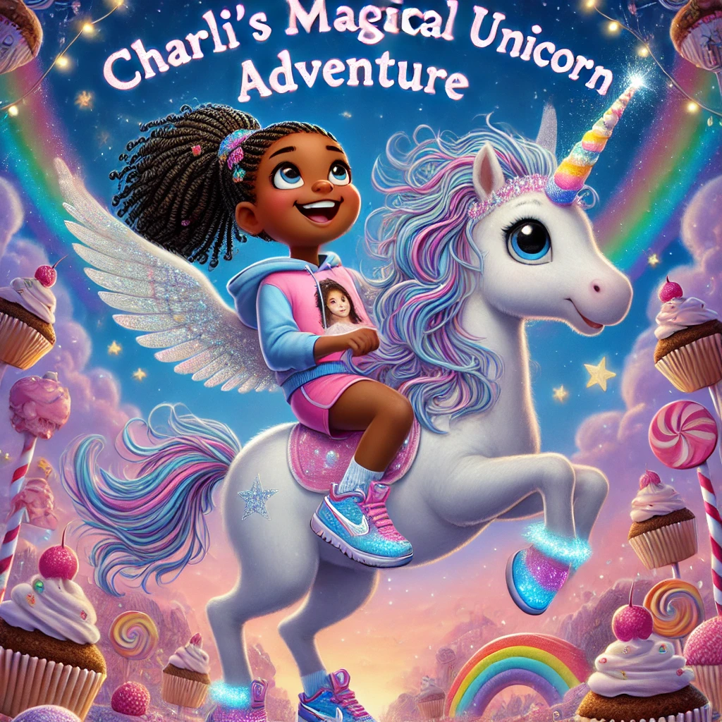 A whimsical and colorful book cover featuring Charlí, a young girl with bright eyes and a big imagination, riding a magical unicorn through an enchanted landscape. The unicorn has a shimmering mane and sparkles of magic surrounding it as they soar through a dreamy sky filled with stars, rainbows, and floating castles. Charlí wears a playful outfit that matches her adventurous spirit, and the title, Charlí’s Magical Unicorn Adventure, is displayed in bold, enchanting lettering, capturing the wonder and excitement of their journey.