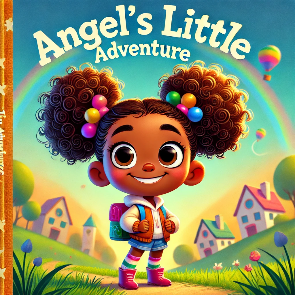 "A bright and cheerful book cover featuring Angel, a curious and adventurous young child, exploring the world with excitement. With a big smile and wide eyes, Angel embarks on a fun-filled journey—whether it’s discovering nature, going on a playful quest, or using imagination to turn an ordinary day into something extraordinary. The background is colorful and full of wonder, capturing the joy and excitement of childhood. The title, Angel’s Little Adventure, is displayed in bold, playful lettering, inviting readers to join in on the fun.