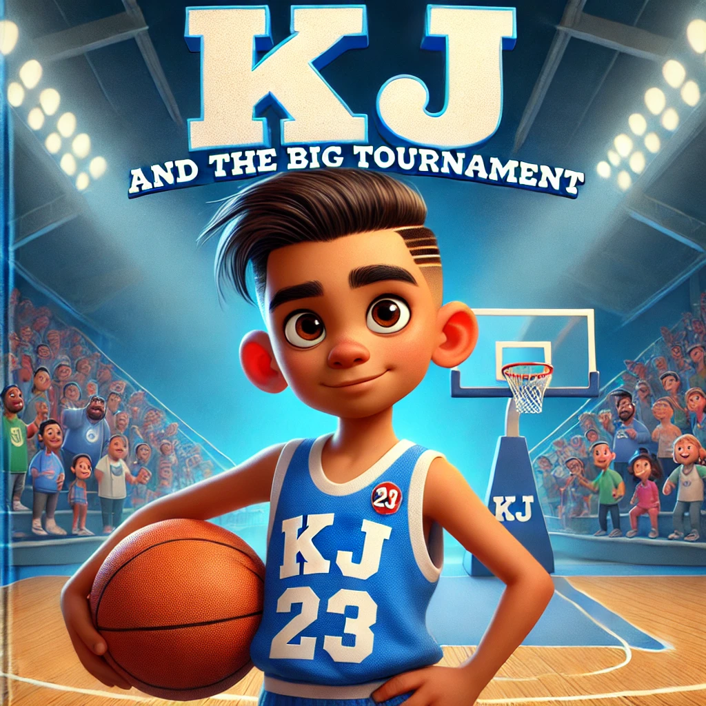 A vibrant, animated-style book cover featuring KJ, a 7-year-old boy with a short fade haircut and a part, wearing a blue basketball uniform with the number 23 and Nike sneakers. He stands confidently on a basketball court, holding a basketball with determination in his eyes. Behind him, a lively gym setting includes a hoop, court lines, and a cheering crowd. His parents, a bald Black father with a neatly trimmed gray beard and a long-haired Mexican mother, stand proudly nearby, smiling. The title, The Big Tournament, is displayed in bold, energetic lettering at the top.