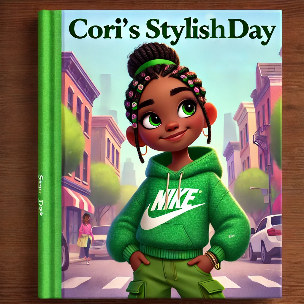 A vibrant and playful book cover featuring Cori, a young girl with a confident smile, showing off her stylish outfit. She wears a trendy ensemble with bright colors, cool accessories, and perfectly styled hair. The background showcases a fun, energetic setting—perhaps a fashion runway, a city street, or her bedroom filled with stylish outfits. The title, Cori’s Stylish Day, is displayed in bold, fashionable lettering, reflecting the fun and creativity of Cori’s adventure.